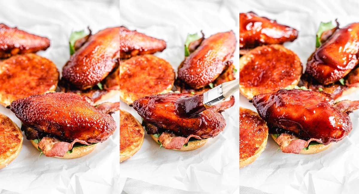 three photo collage of spreading bbq sauce onto chicken sandwiches