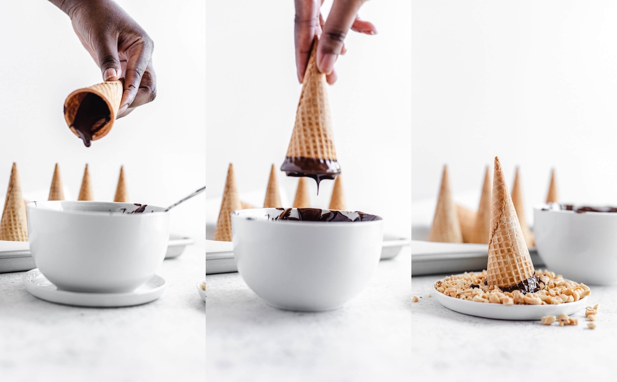 pouring chocolate out of ice cream cones and dipping them in chocolate and peanuts