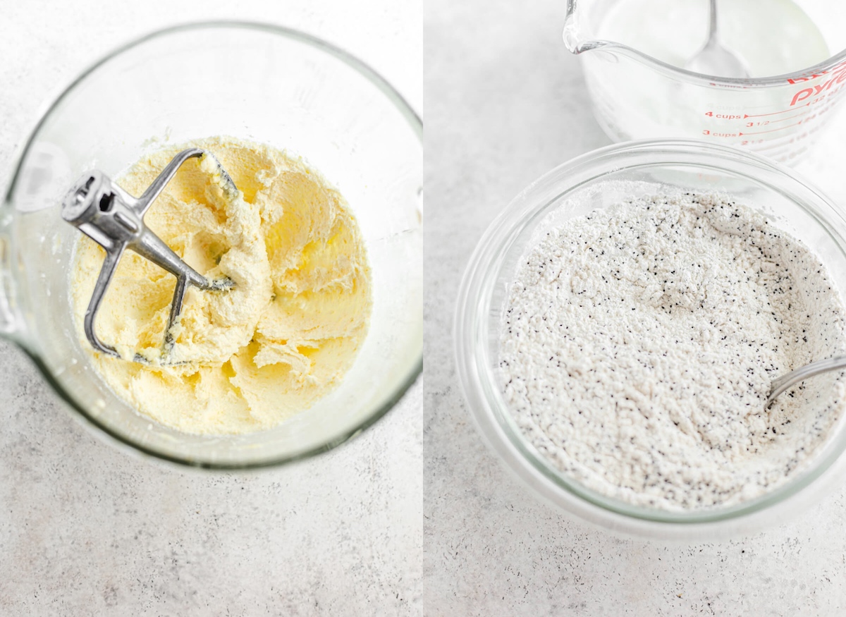 creamed butter in a glass bowl and poppy seed flour mixture in another