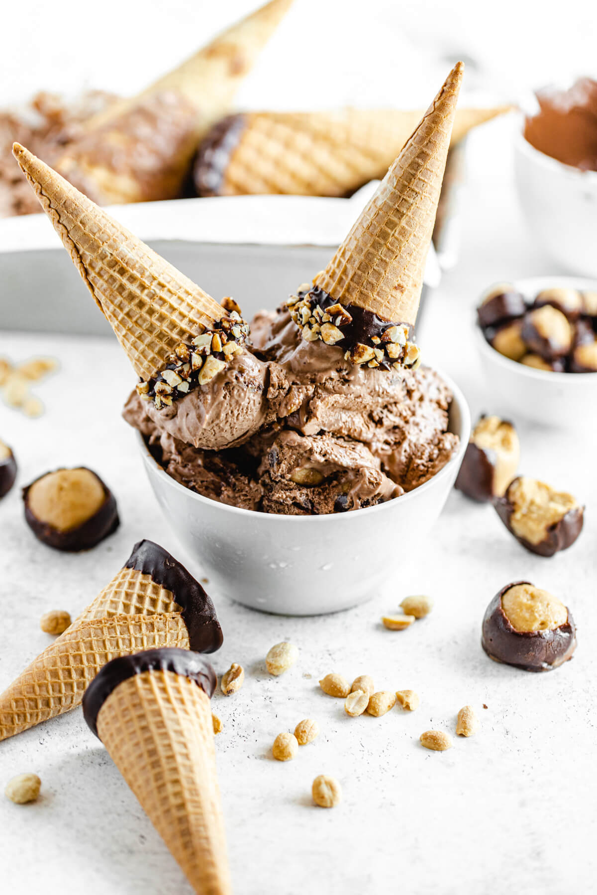 ice cream in a bowl with cones on top