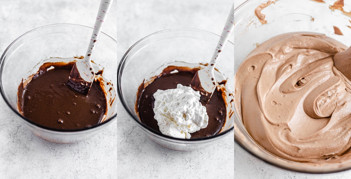 three photos showing how to mix whipped cream into chocolate condensed milk mixture to make ice cream