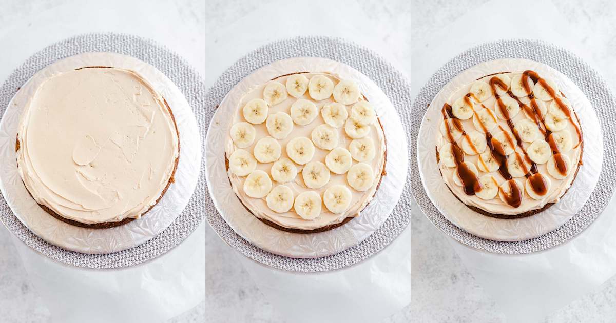 caramel frosting, sliced bananas and caramel sauce on a cake layer