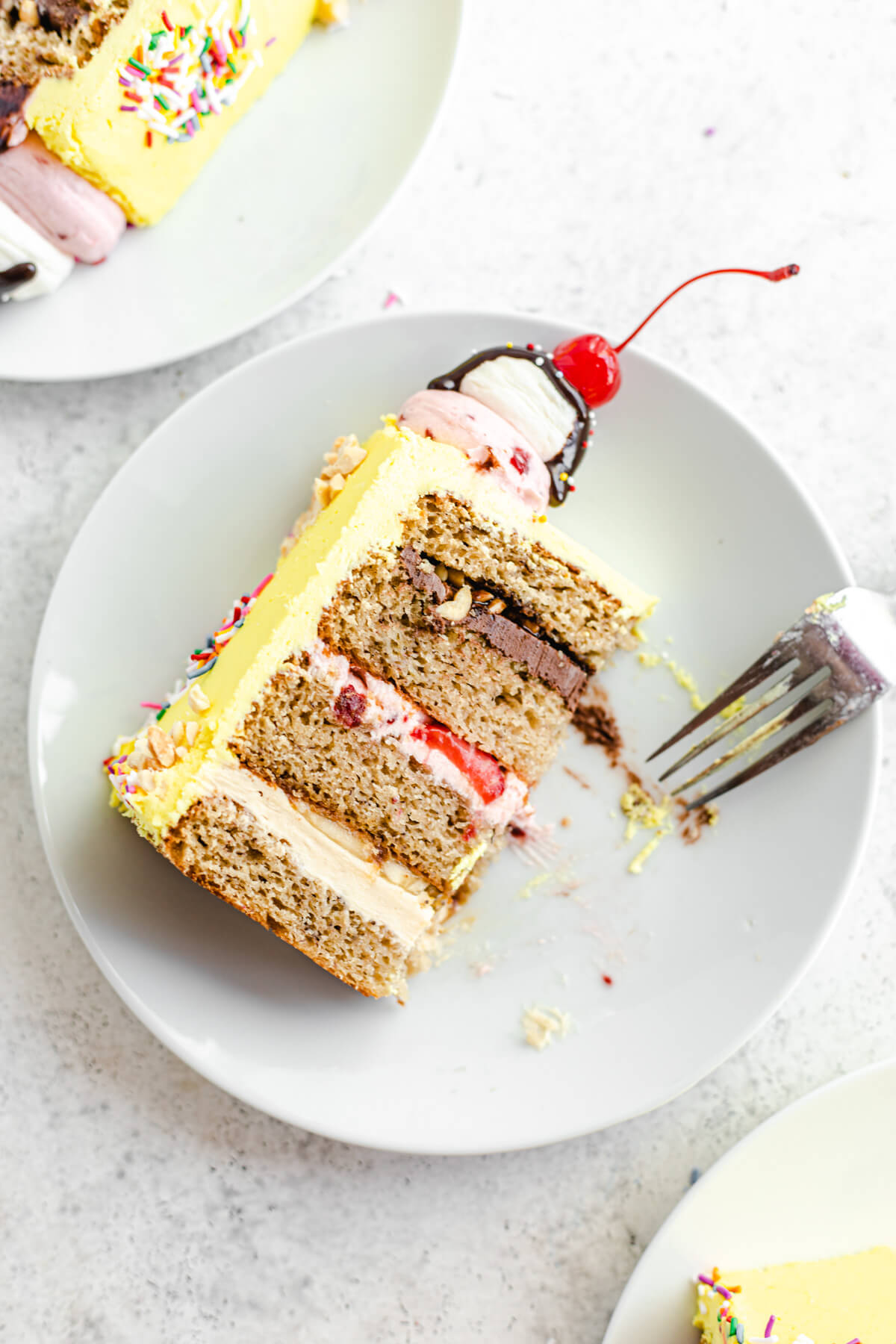 half eaten cake on a white plate