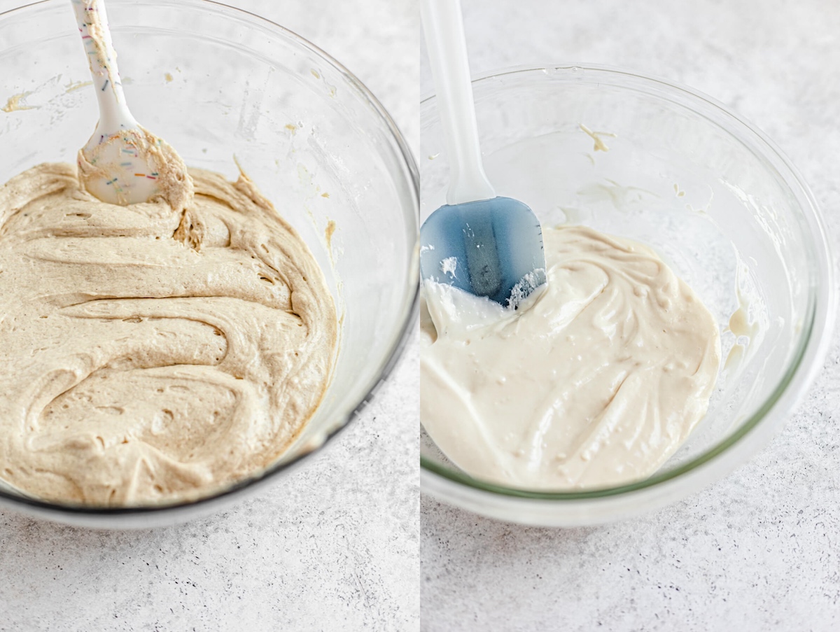 two photo collage of brown sugar cupcake batter and vanilla cheesecake batter