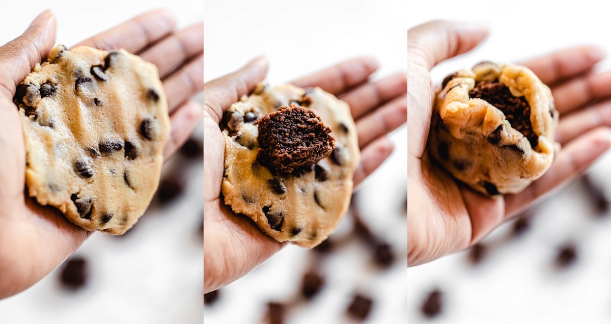 three photos demonstrating how to flatten cookie dough, place a brownie chunk inside and wrap the dough around it