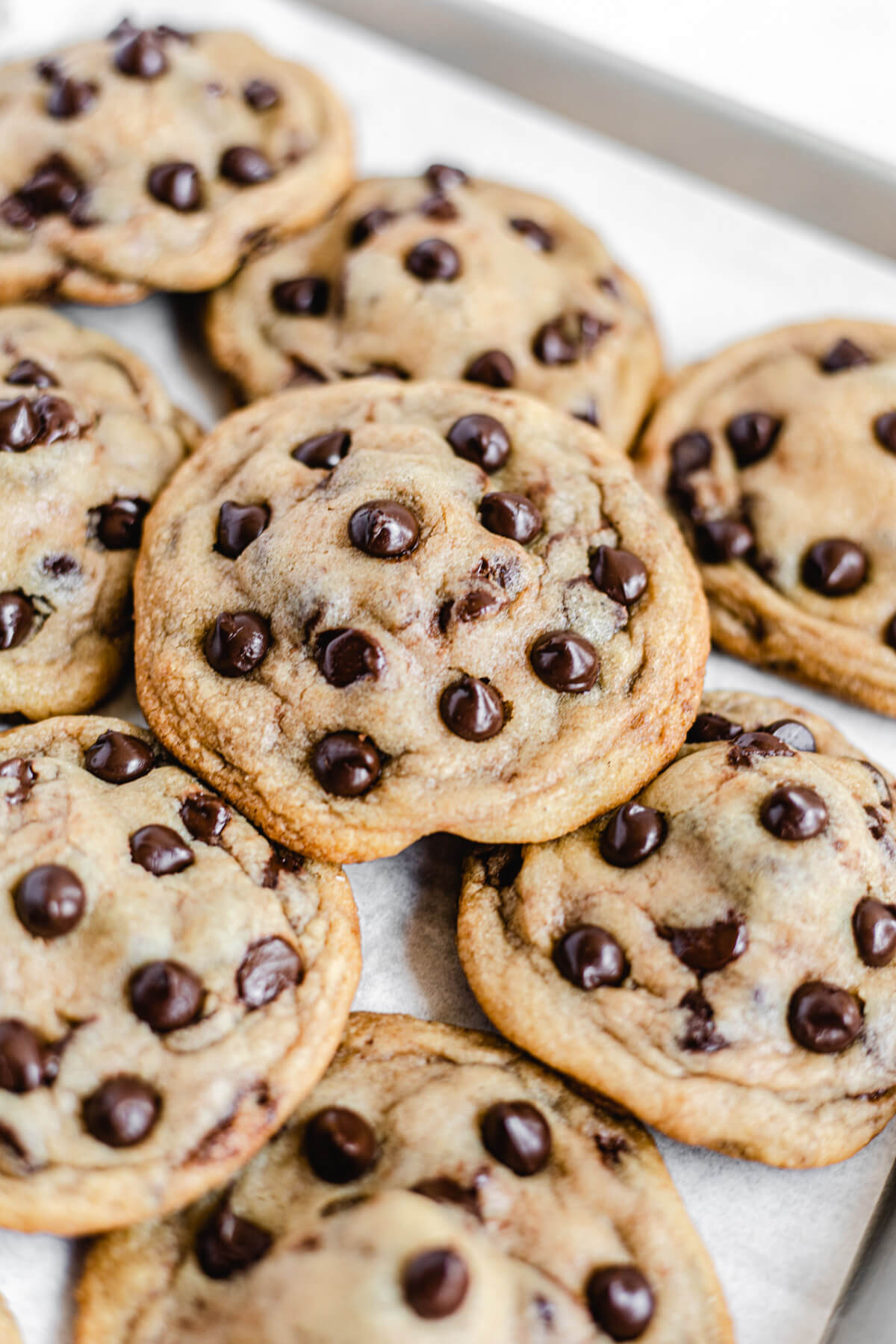 chocolate chip cookies on a baking sheet