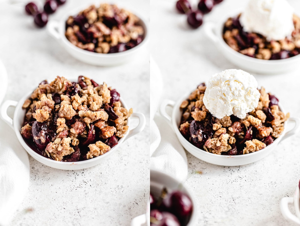 cherry crumble in small plate plain and with scoop of vanilla ice cream in second photo
