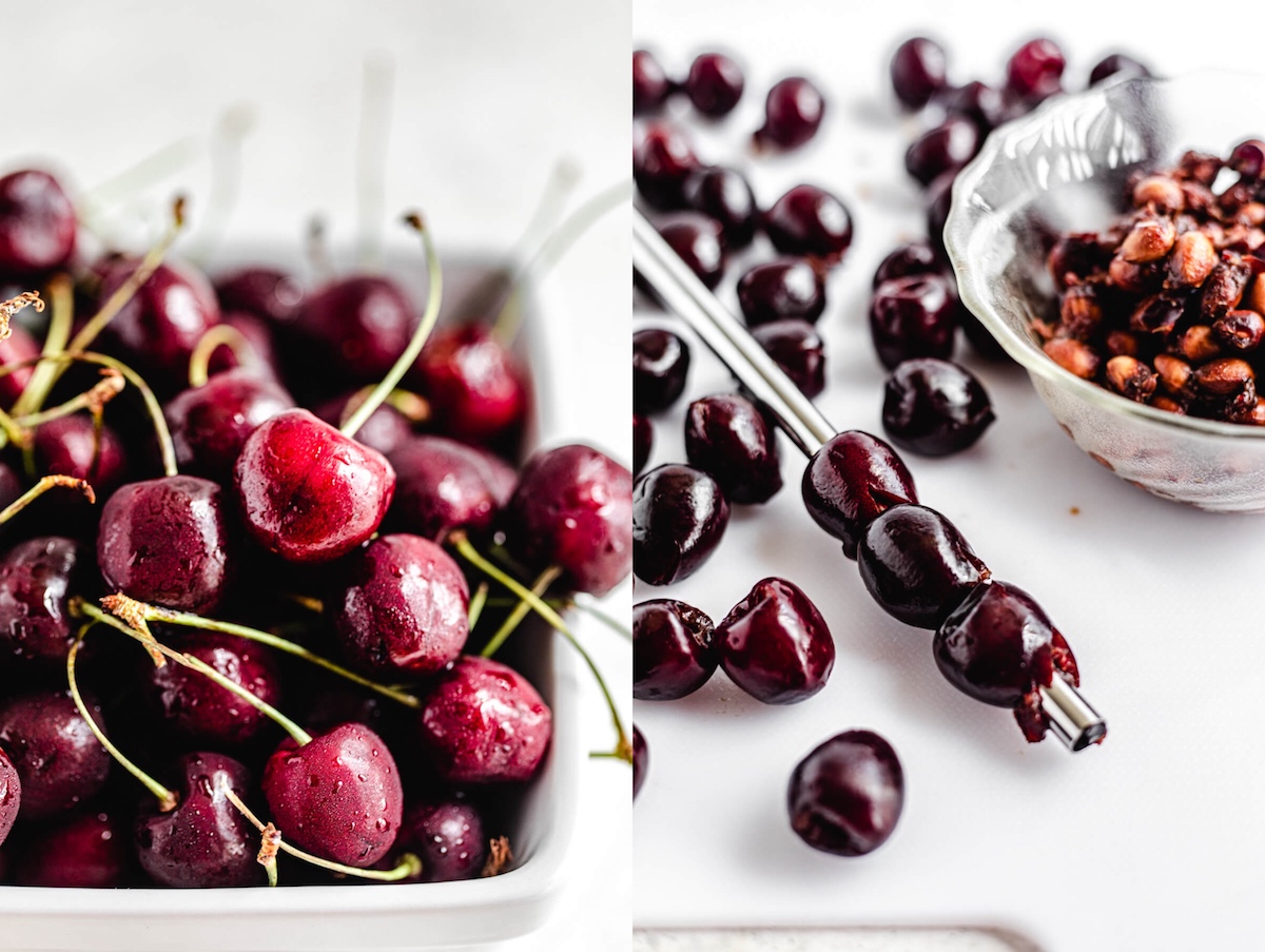 fresh cherries in a white bowl and pitting cherries with a steel straw