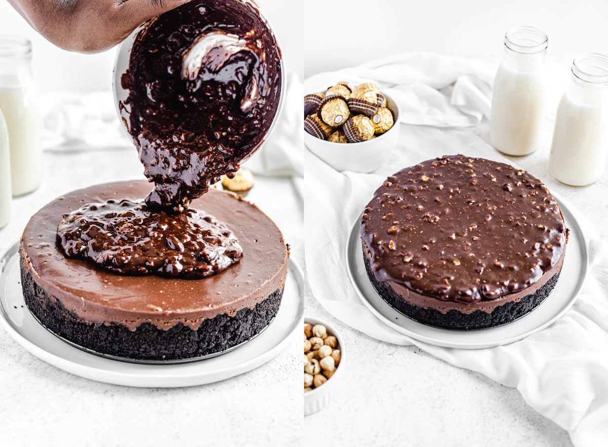 pouring hazelnut ganache onto cheesecake