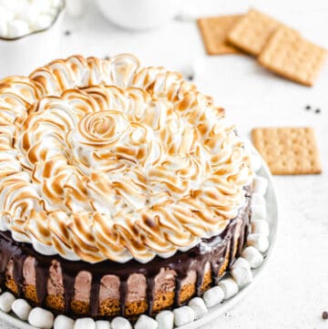 ice cream cake on a white platter with mini marshmallows on the bottom of it