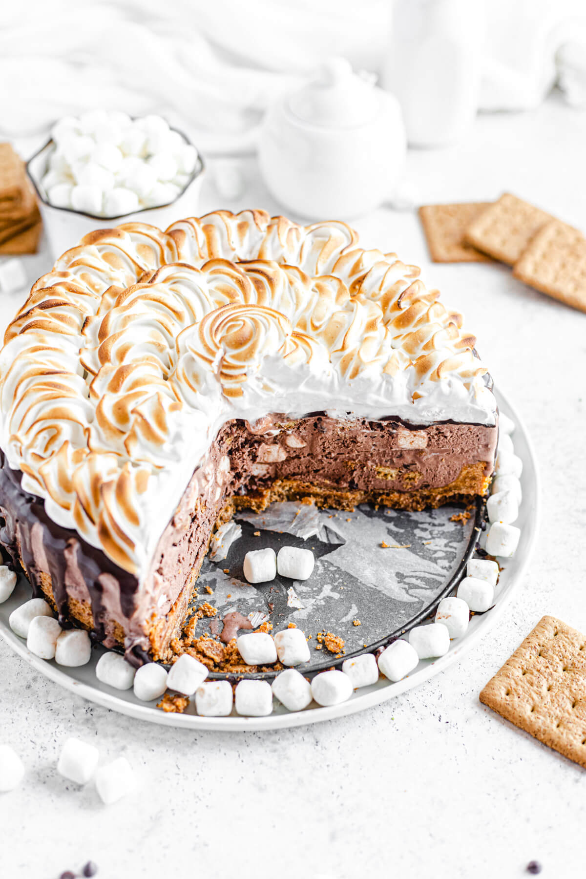 top angled view of cut open ice cream cake on white platter