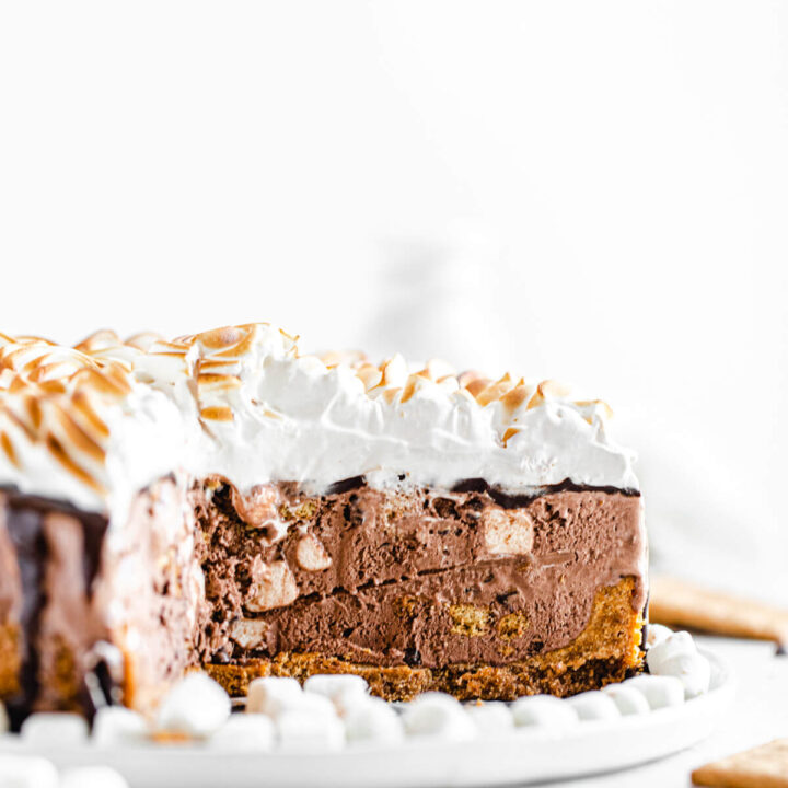 cut open ice cream cake on a white platter