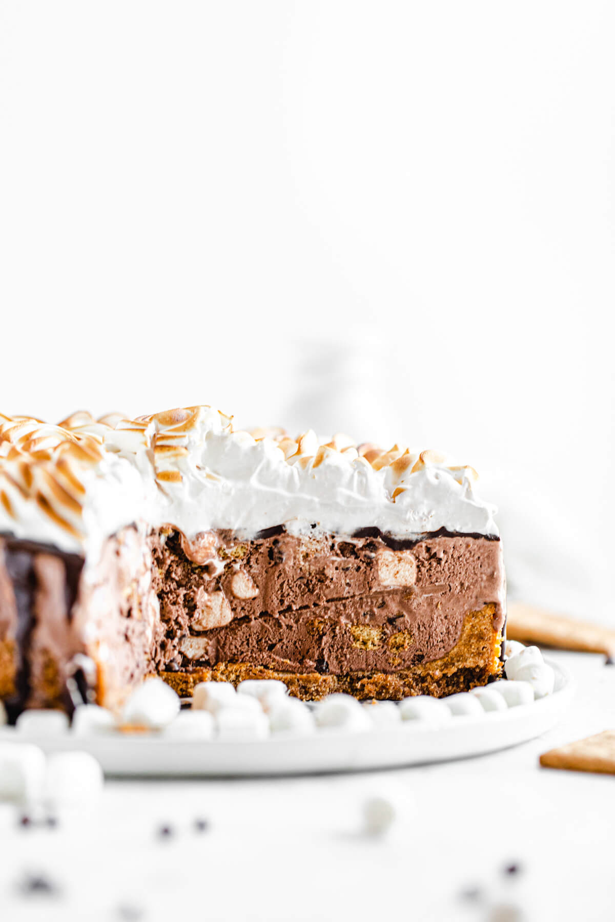 cut open ice cream cake on a white platter