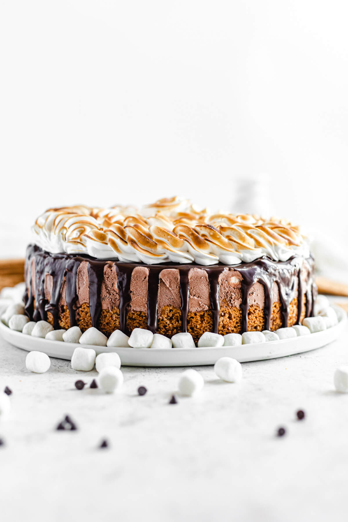 s'mores ice cream cake on a large white plate