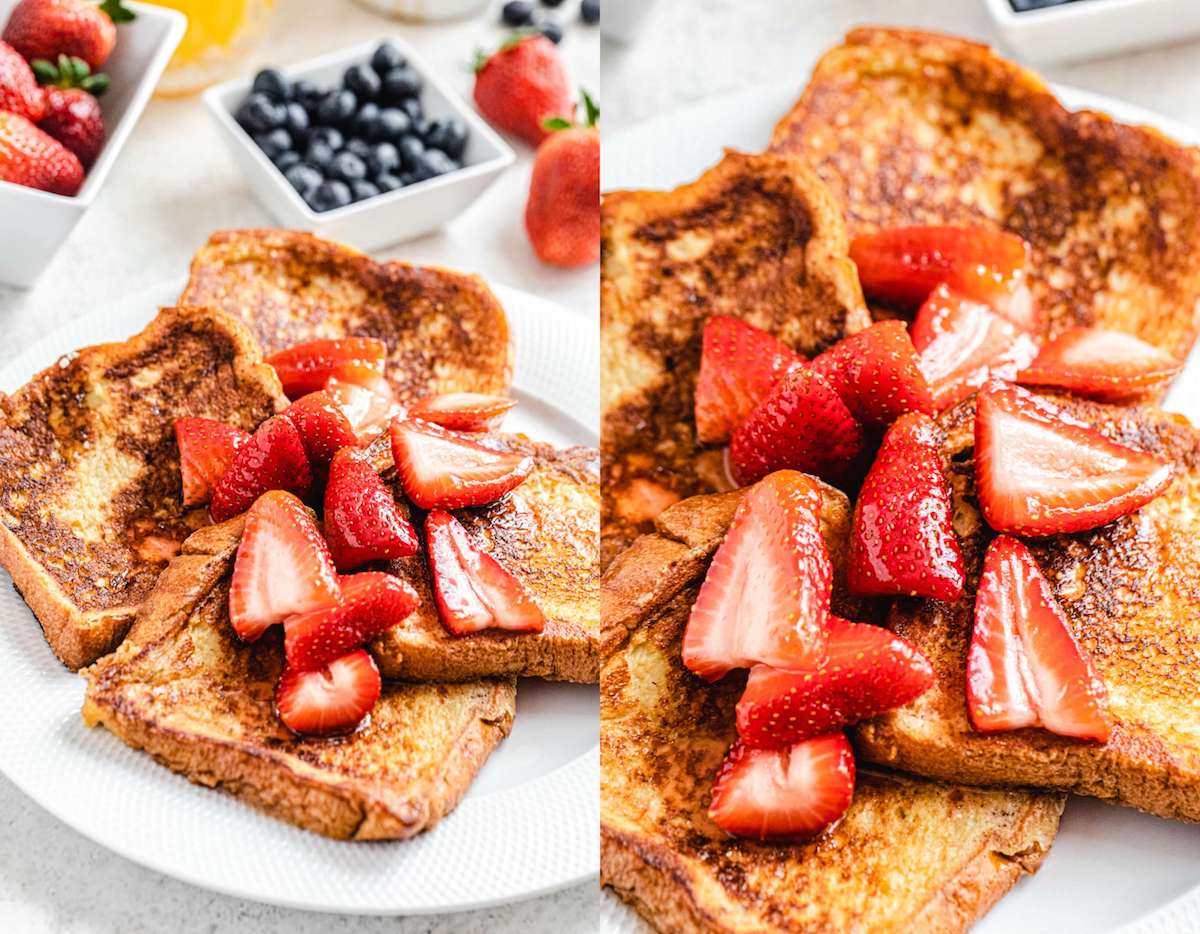 French toast topped with macerated strawberries