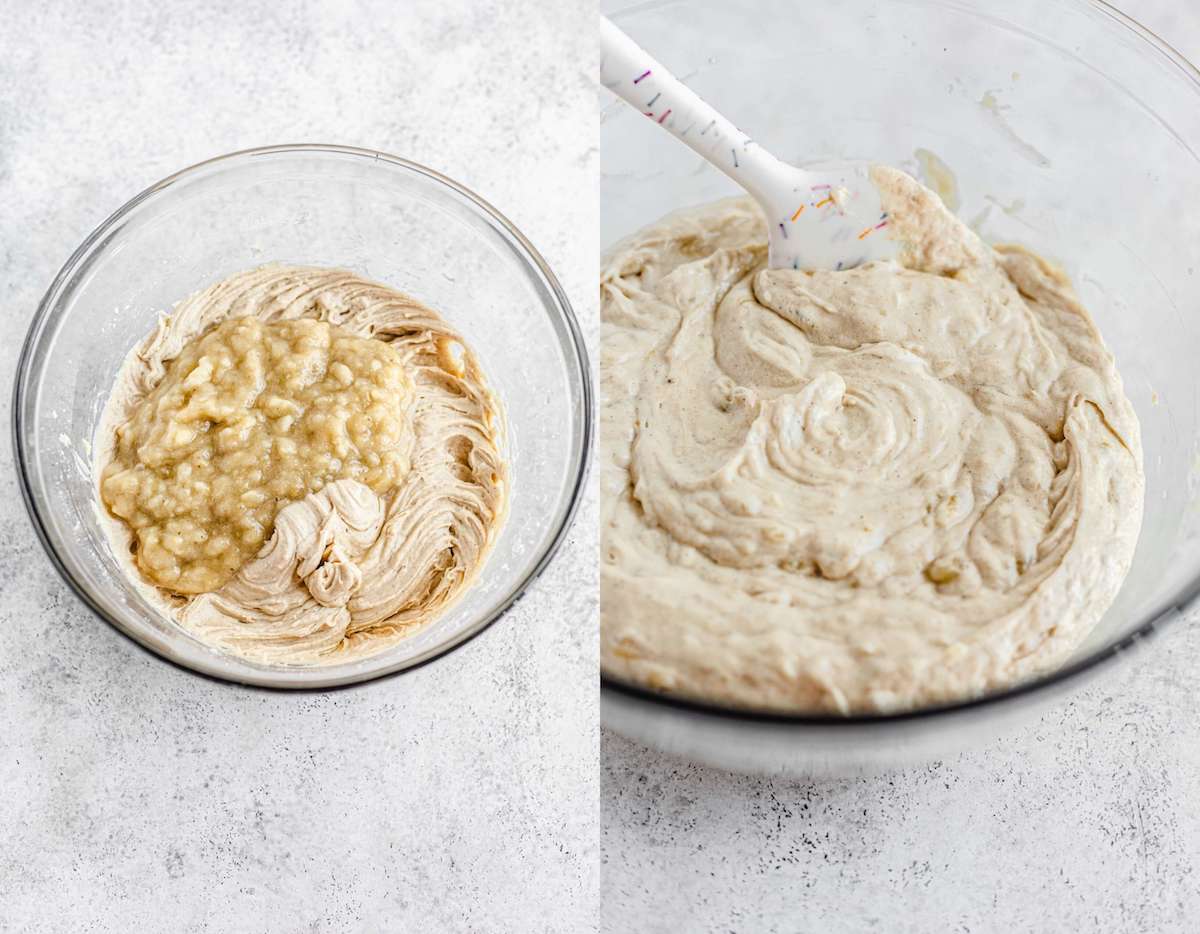 banana cupcake batter in a glass bowl