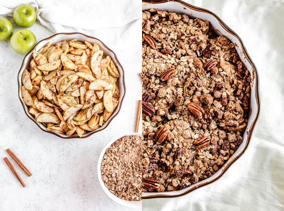 unbaked apple filling in a pie dish and close up of baked crumble