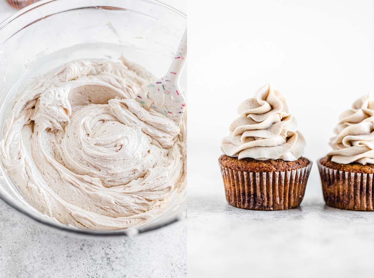 cinnamon frosting in a bowl and swirled on top of cupcakes