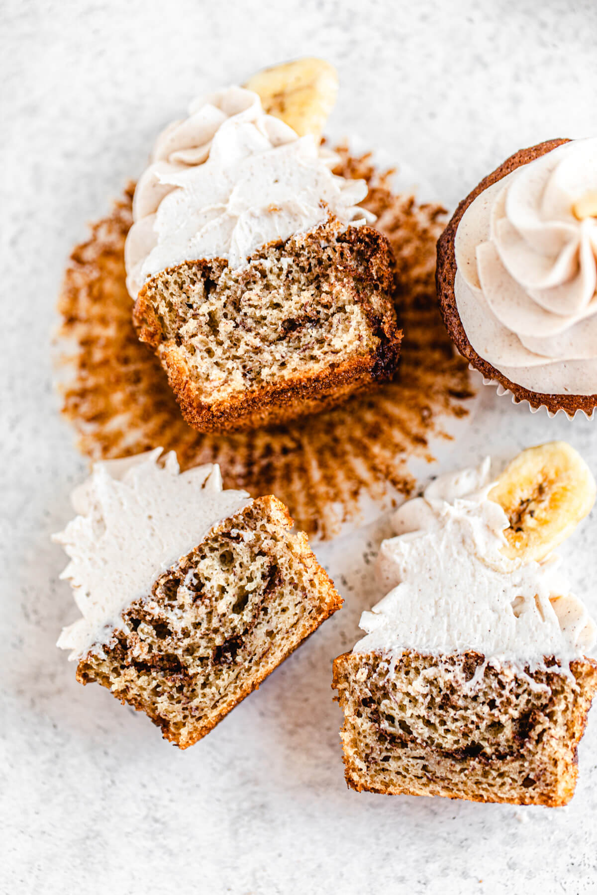 three halved cupcakes facing upwards