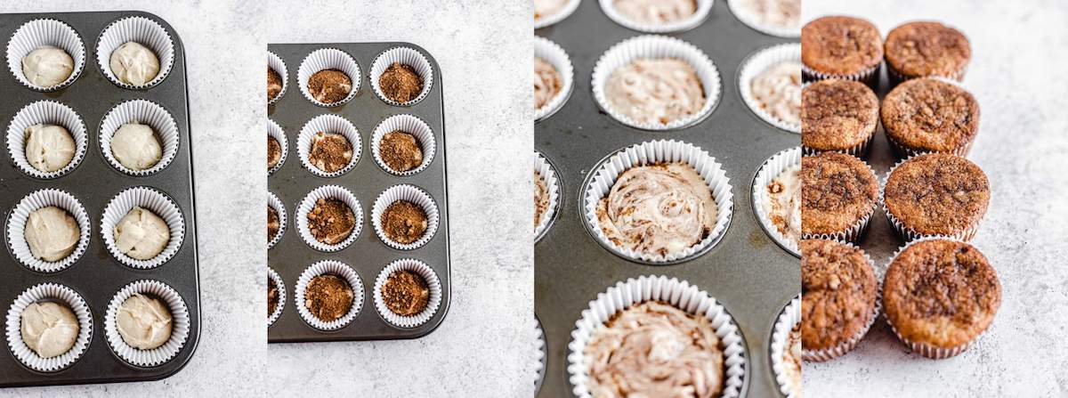 swirling cinnamon sugar with banana cupcake batter in cupcake liners