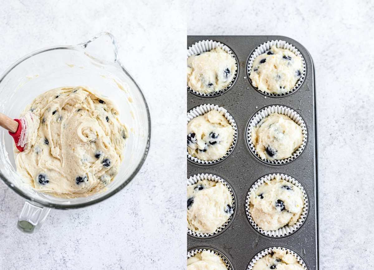 muffin batter in a bowl and in muffin liners