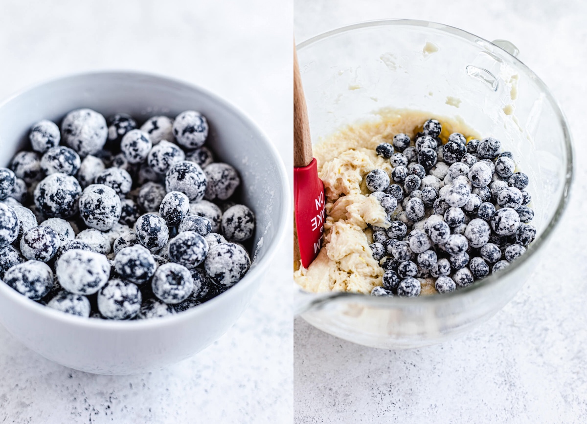 flour coated blueberries in a bowl and in lemon muffin batter