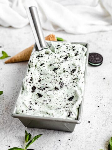 ice cream in a loaf pan with ice cream scoop inside