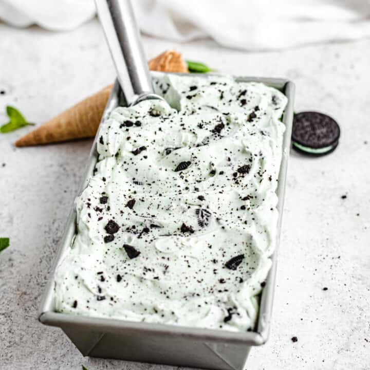 ice cream in a loaf pan with ice cream scoop inside