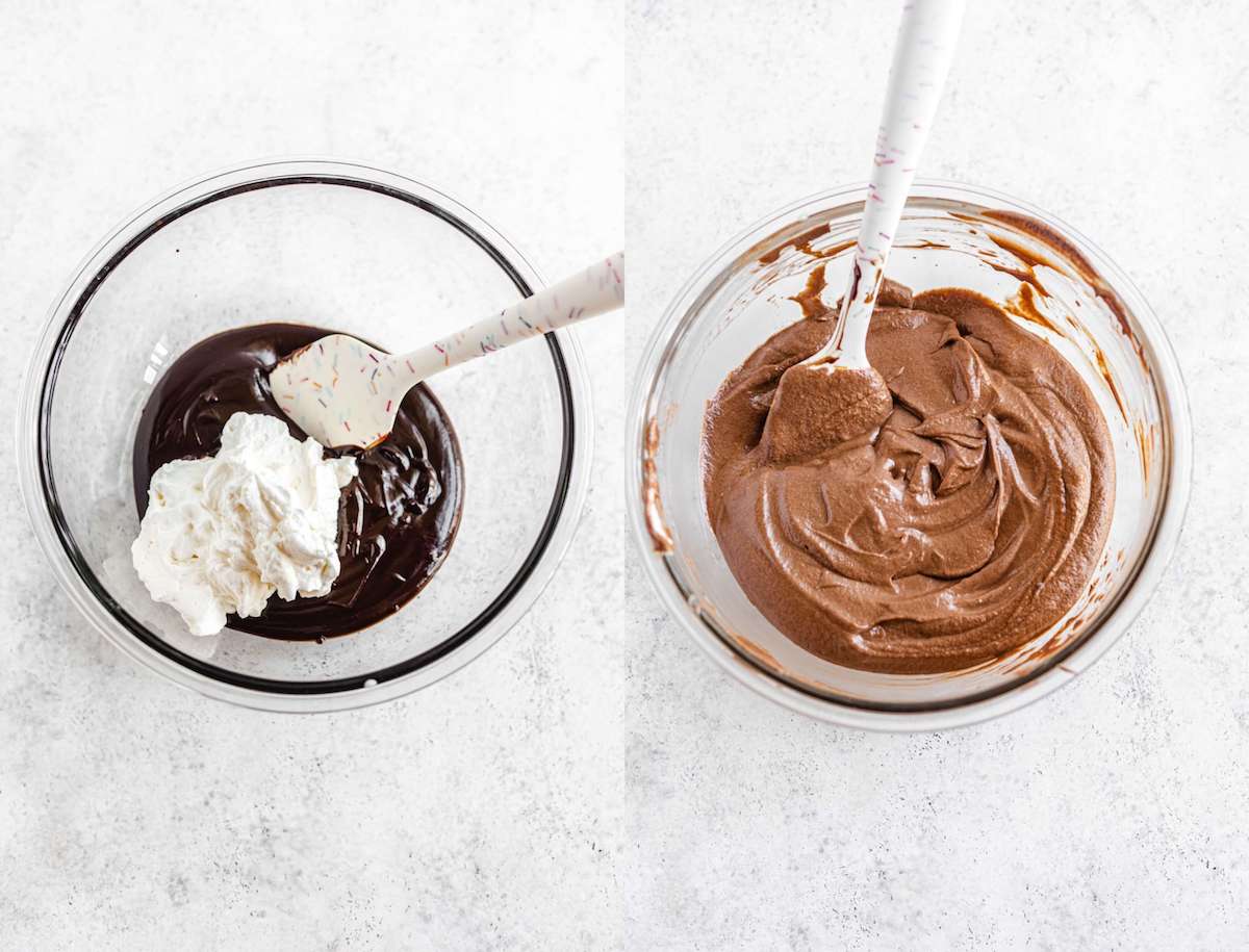 adding whipped cream to ganache to make chocolate mousse