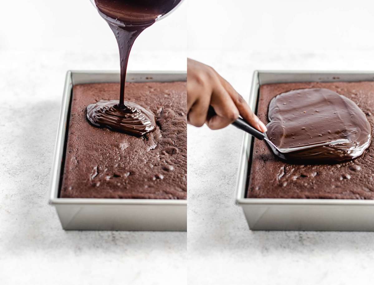 pouring ganache on top of chocolate cake