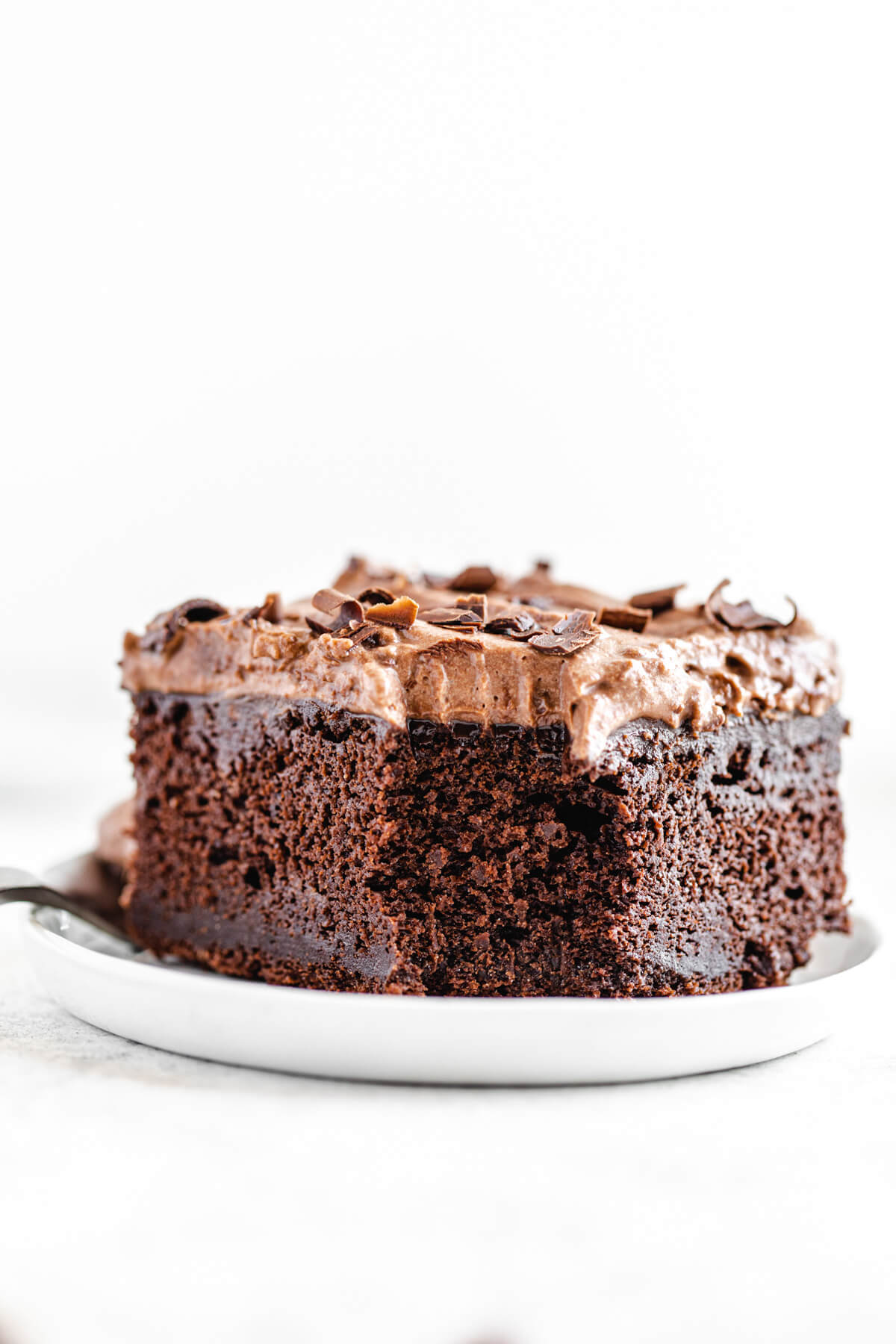 slice of chocolate cake in a small appetizer plate