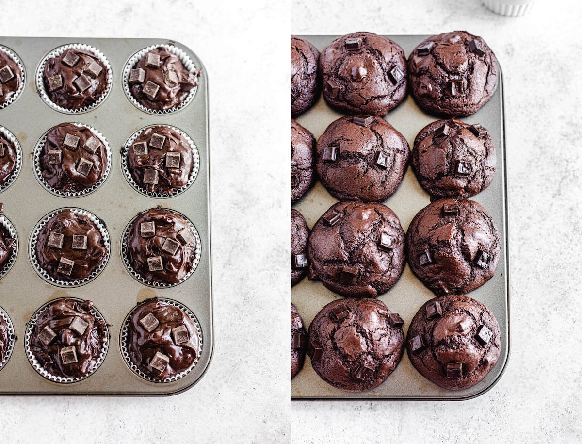 before and after of unbaked and baked muffins in muffin pan