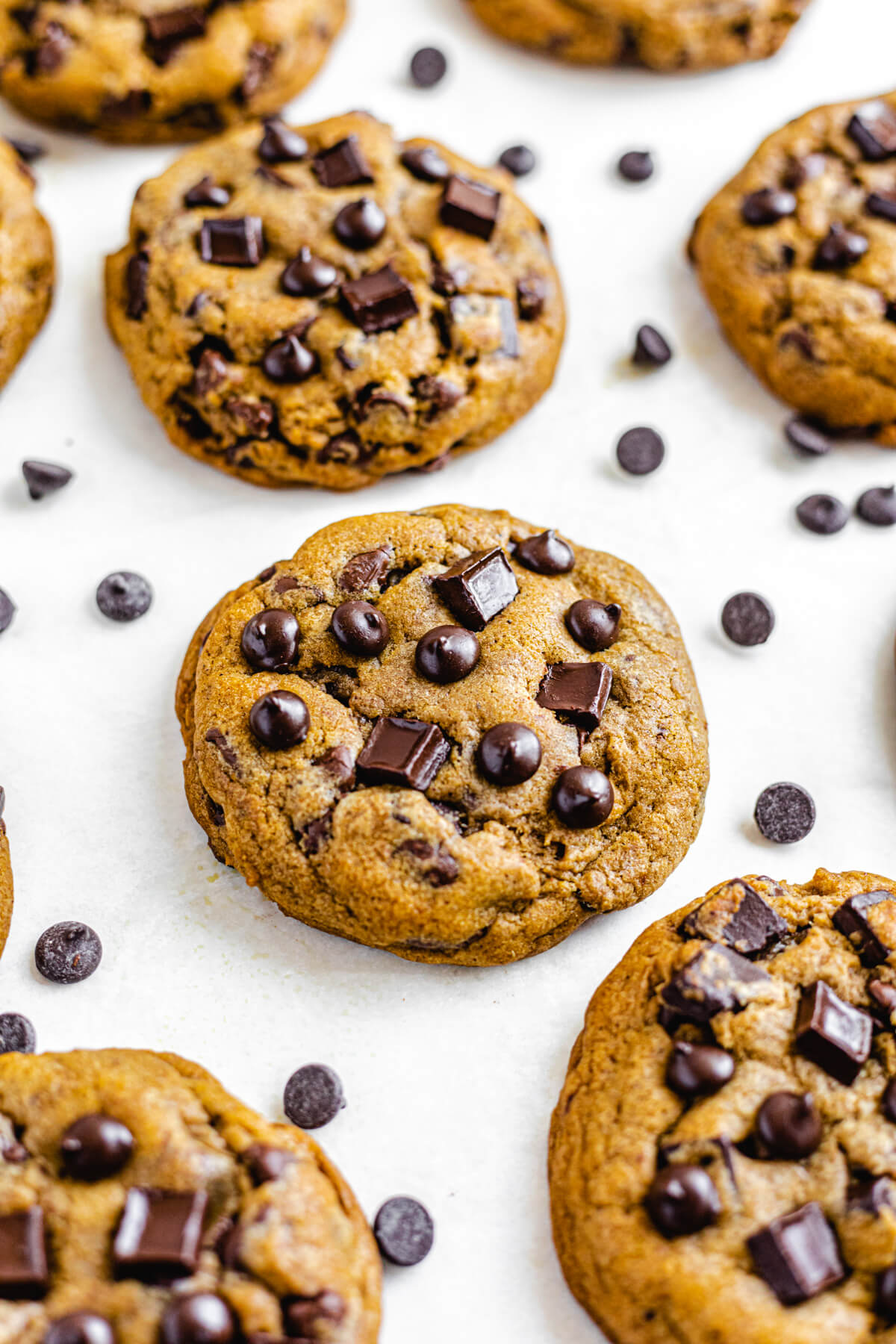 close up of pumpkin chocolate chip cookies with chocolate chips around them