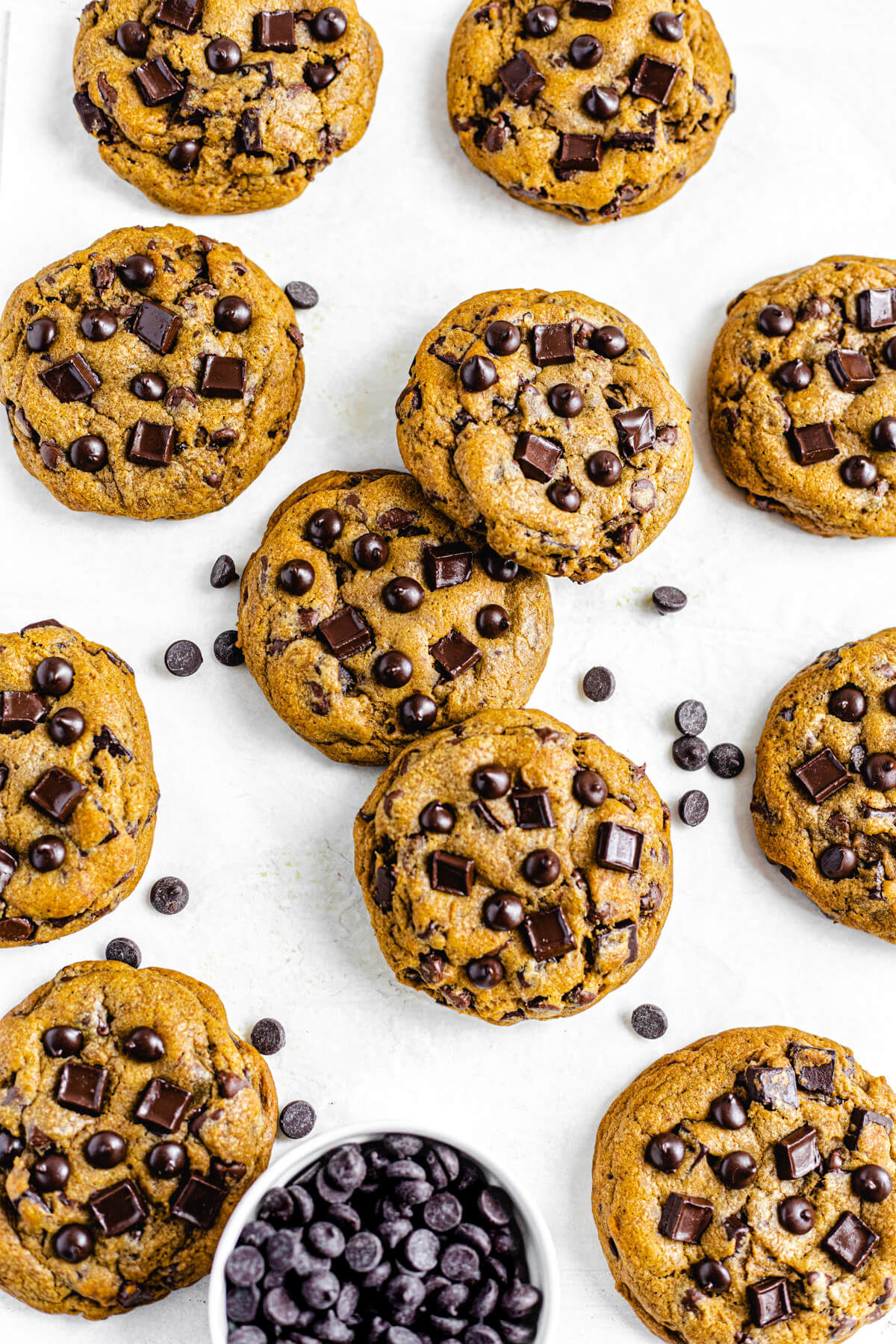 overhead view of chocolate chip cookies