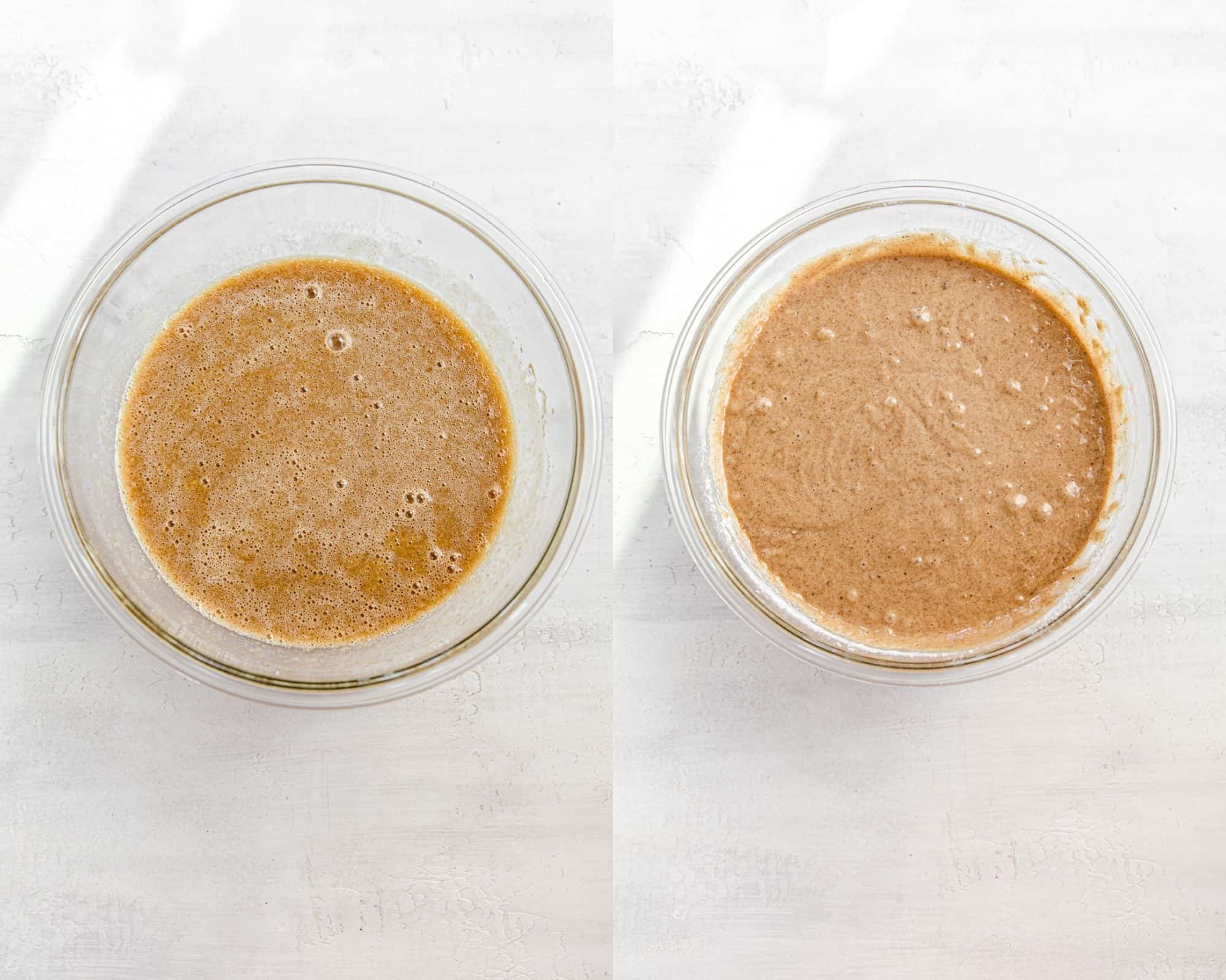 two photos showing the preparation of carrot cake 