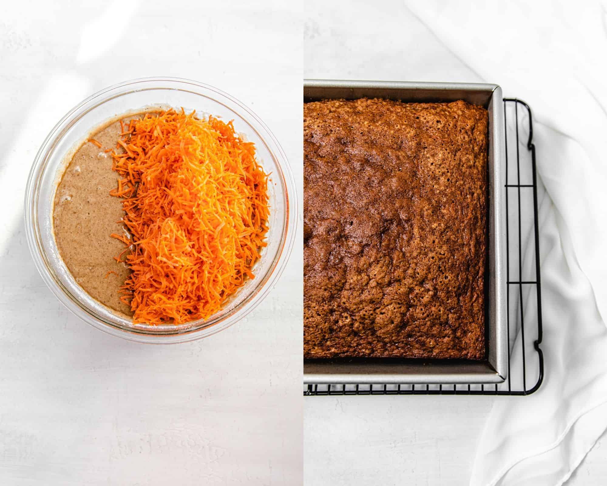 shredded carrots in bowl of cake batter and baked cake in a pan on the right