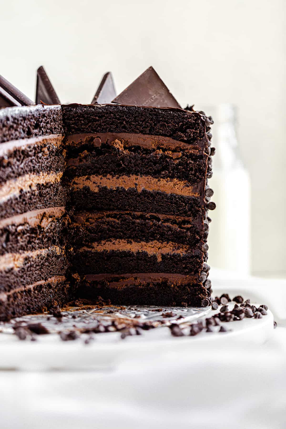 sliced open whole cake on a cake board