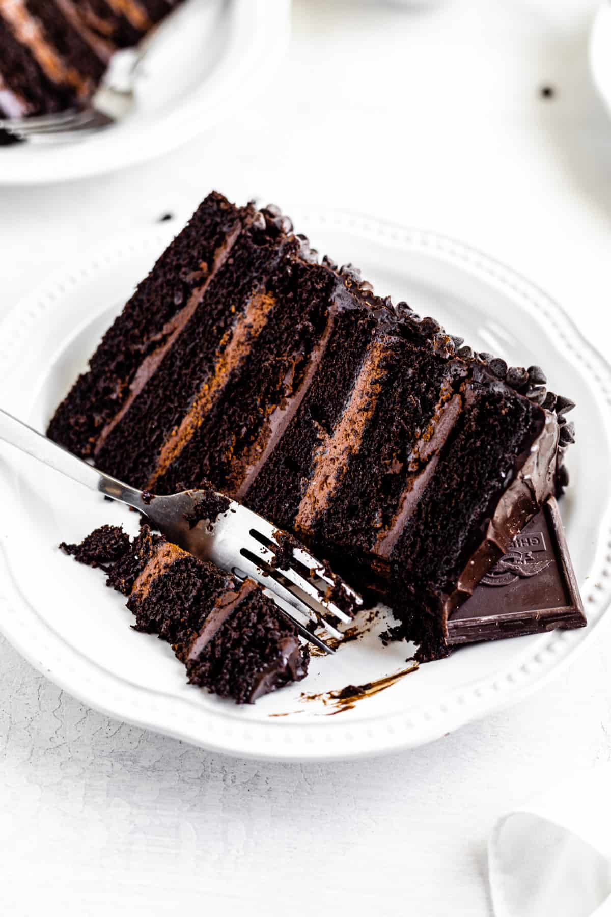 slice of chocolate cake on a white plate with fork taking a piece off