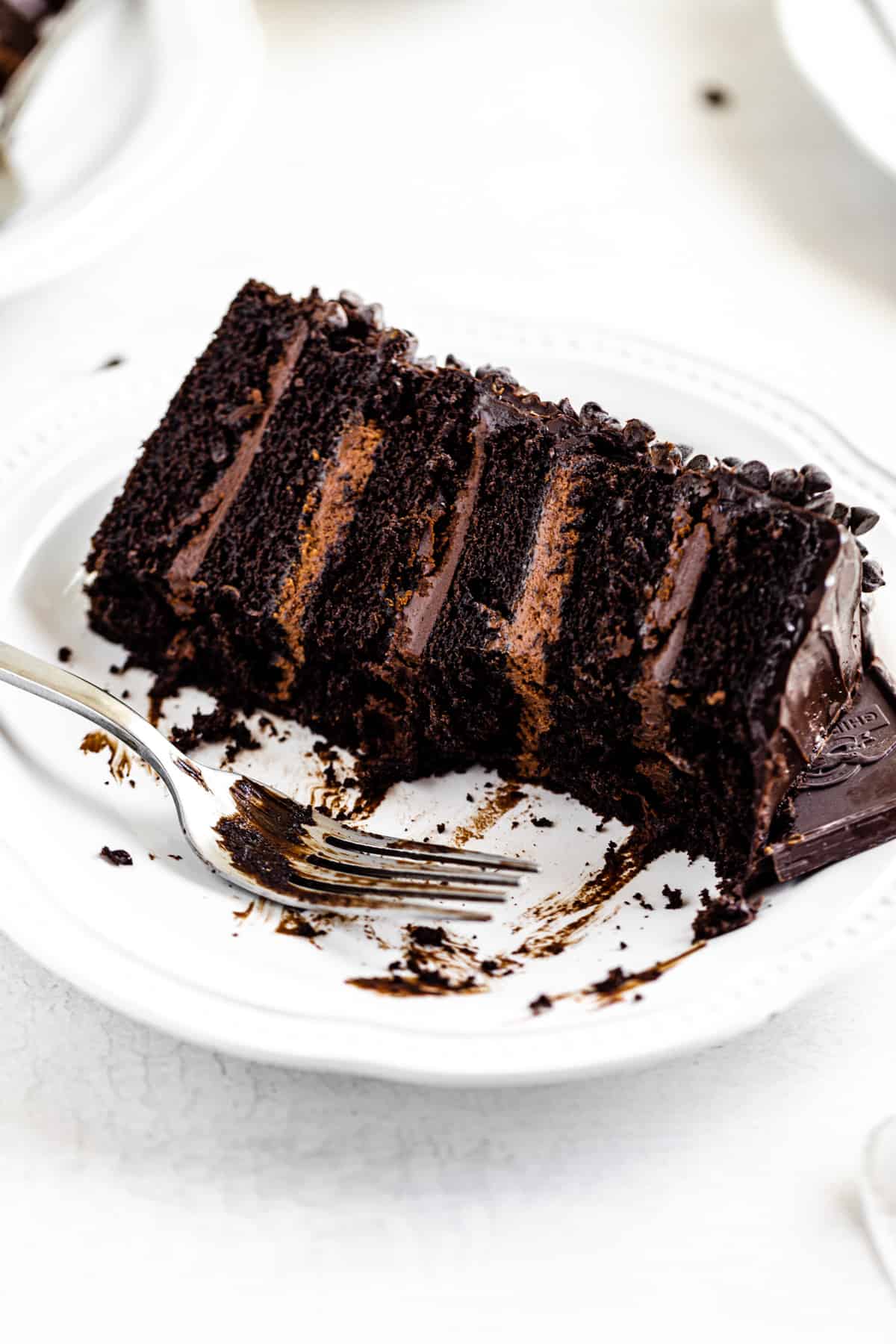 half-eaten slice of cake on a white plate with a fork on it