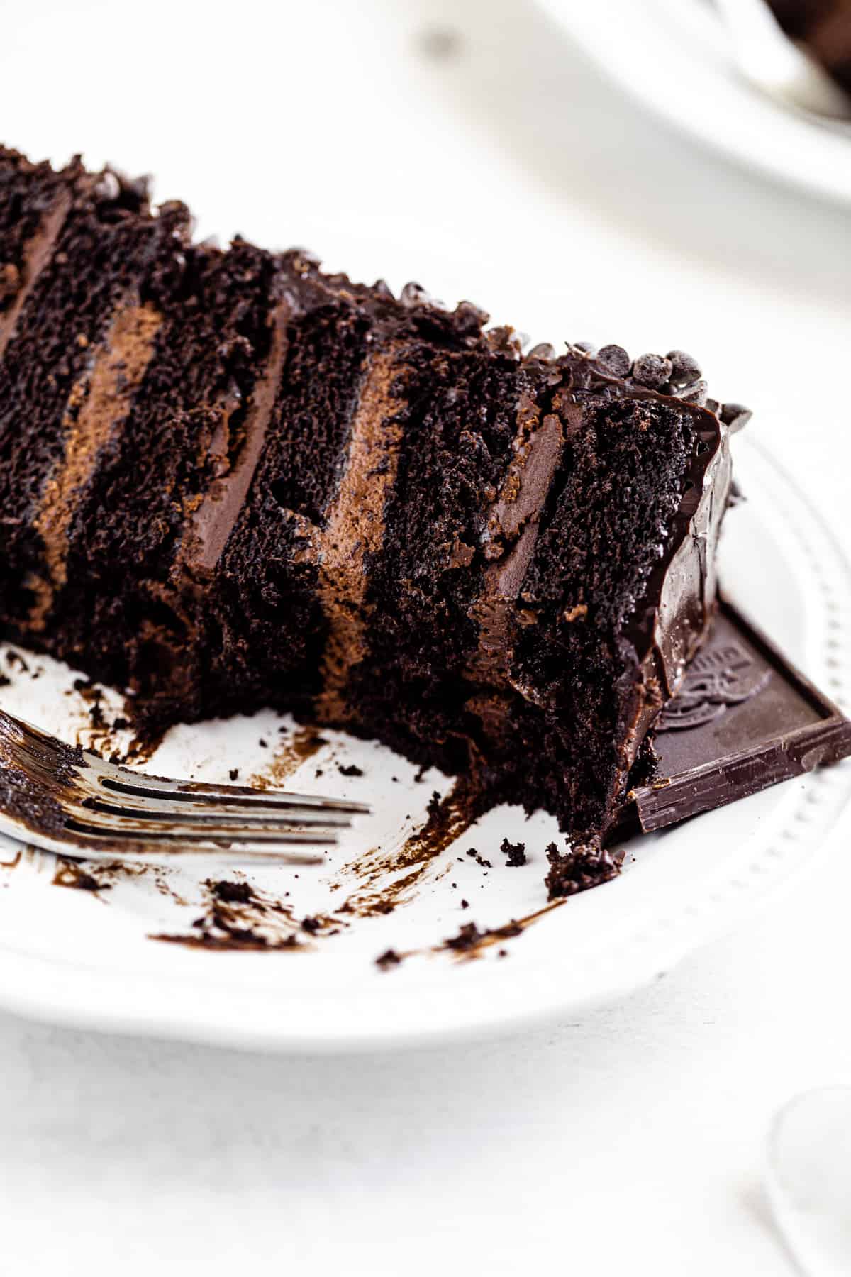 close up of half-eaten cake on a white plate