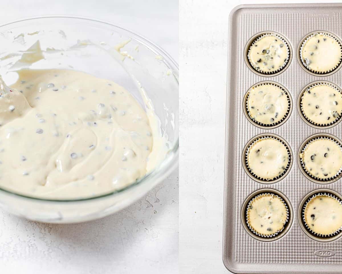 two photo collage of the chocolate chip cheesecake batter on the left and baked mini cheesecakes in a muffin pan on the right