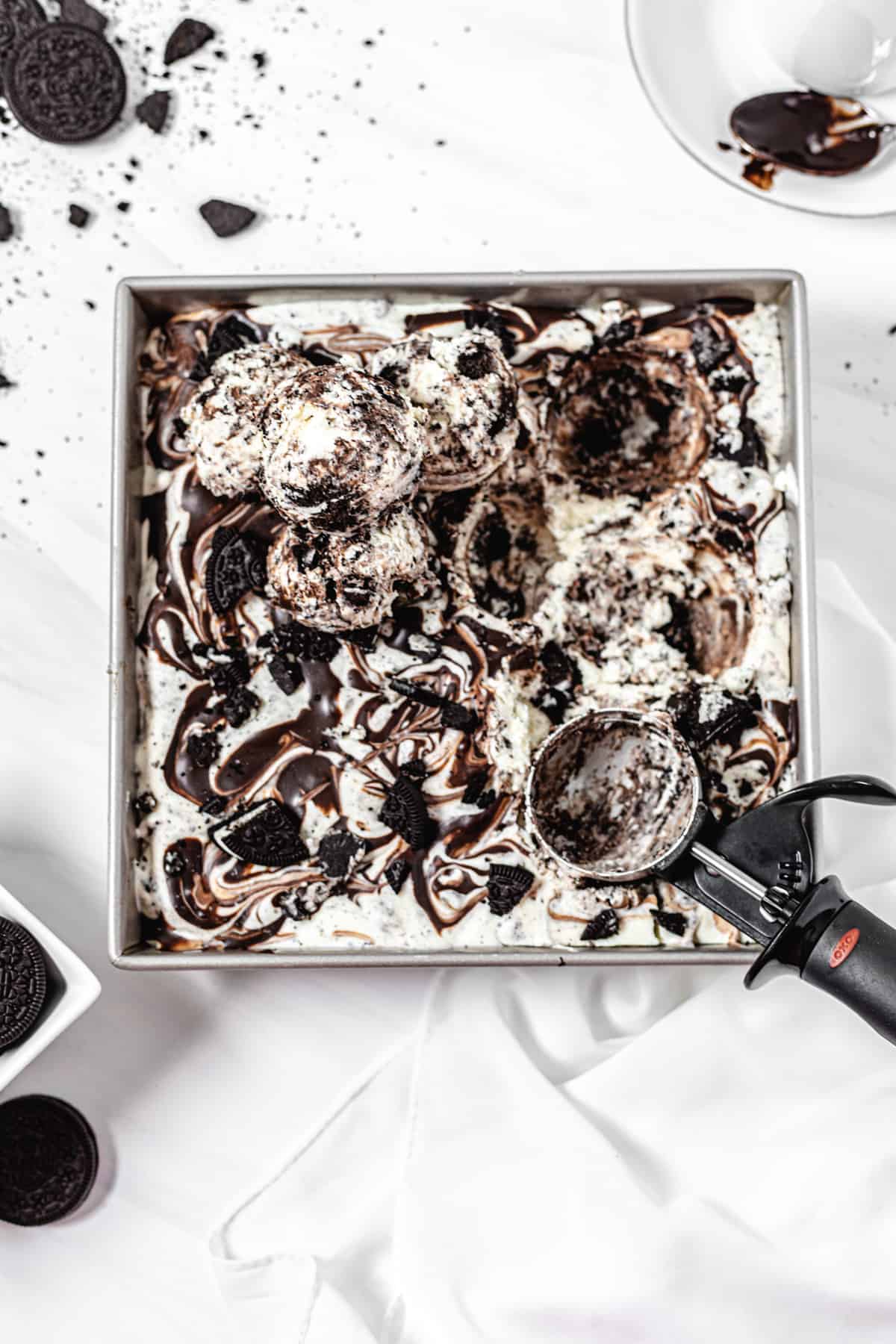 square pan of ice-cream with three scoops taken out