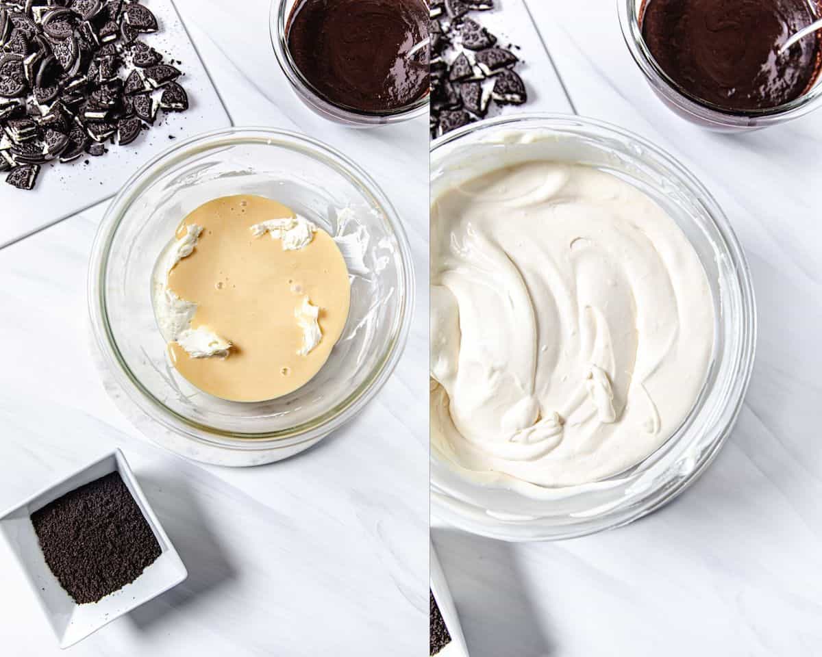 two photo collage of step by step photos. sweetened condensed milk in bowl on the left and ice cream batter on the right