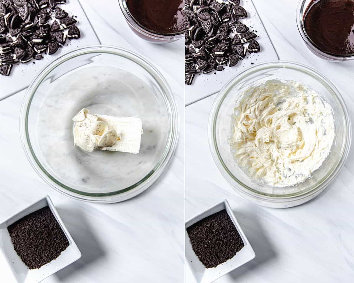 two photo collage. glass mixing bowl with cream cheese and Oreo cookie filling on the left and same ingredients mixed together in the right with chopped Oreos, Oreo crumbs and ganache in a bowl around it