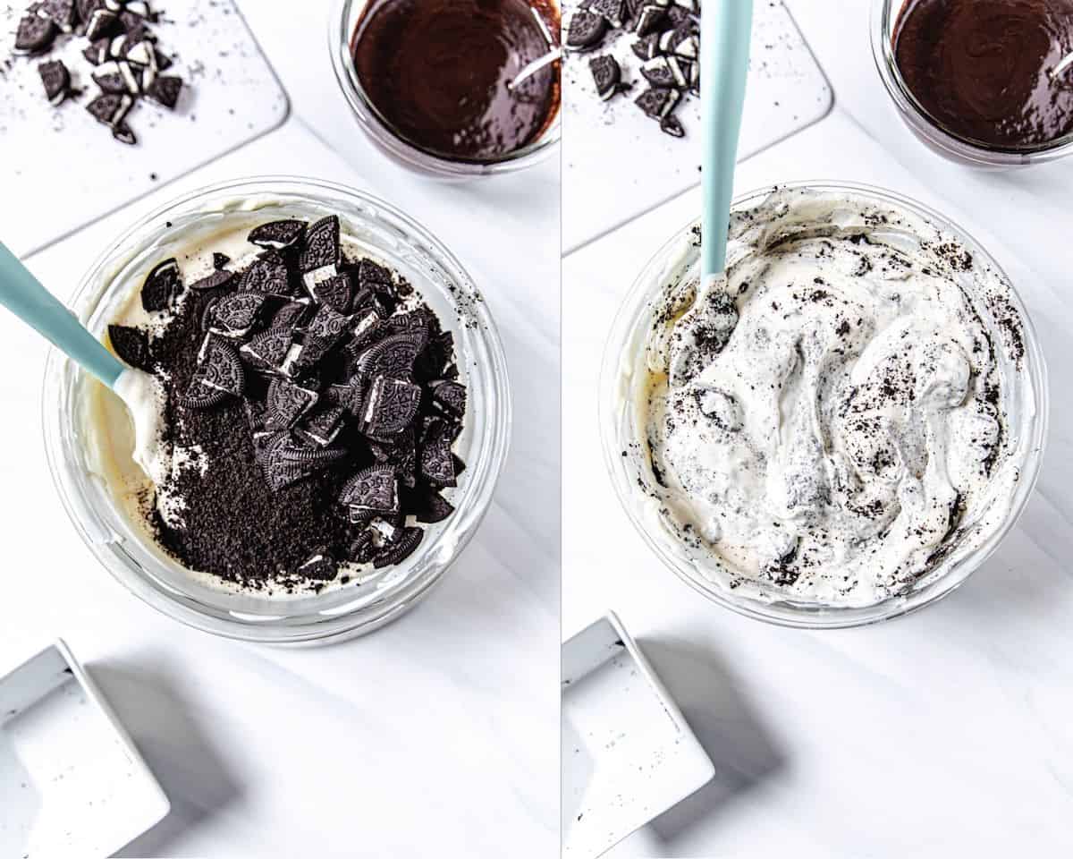 two photo collage with crushed Oreos in the bowl of ice cream batter on the left and combined batter on the right