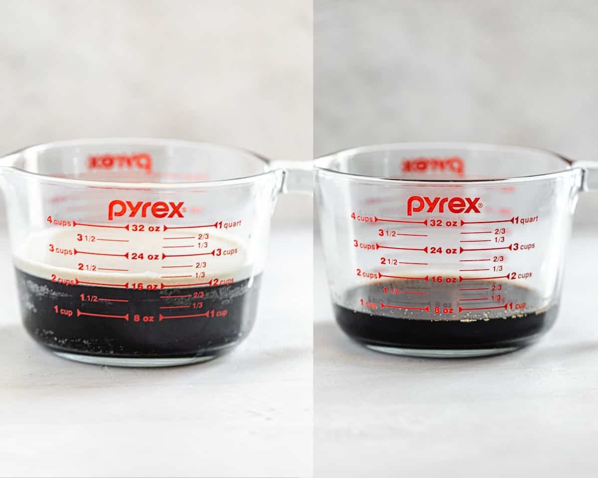 two photo collage showing before and after of beer reduction in a liquid measuring cup