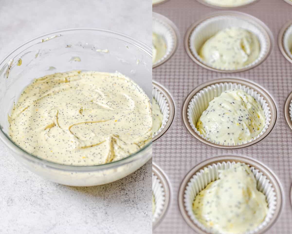 two photo collage with cupcake batter in a glass bowl and in a muffin pan