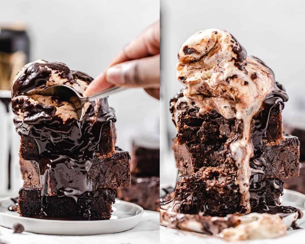 two photos taking a spoonful of ice cream and brownies