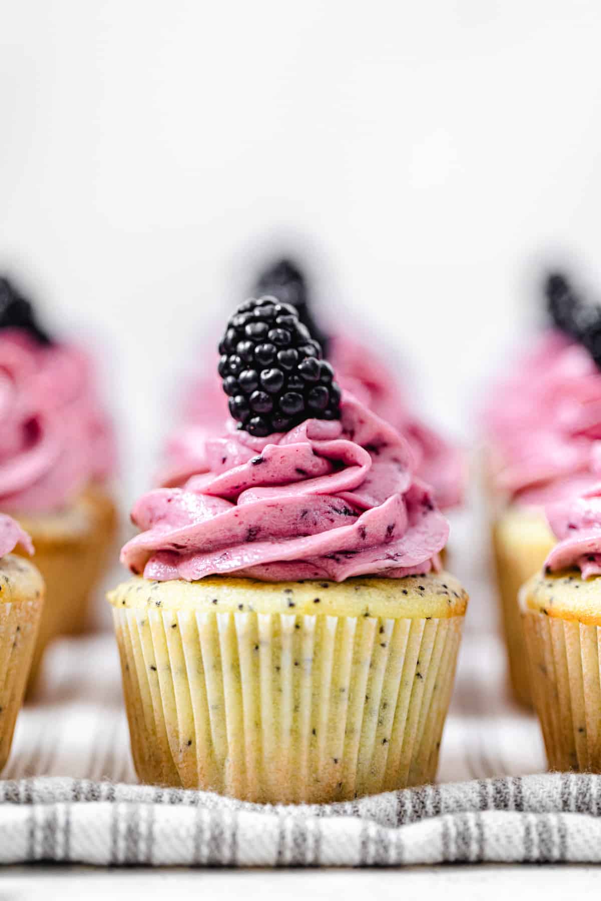 close up of cupcake topped with pink blackberry frosting and a fresh blackberry