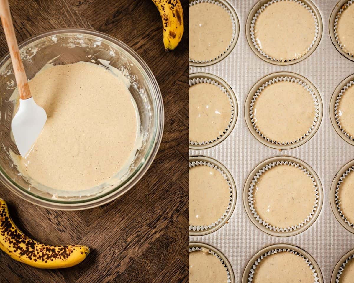 two photo collage of banana cheesecake batter in a glass mixing bowl, and cheesecake batter divided in a muffin tin.